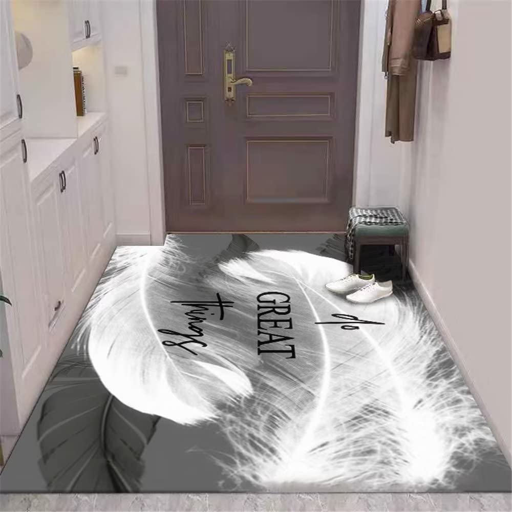 Tapis salon gris motif plumes 100x200cm lavable et antidérapant