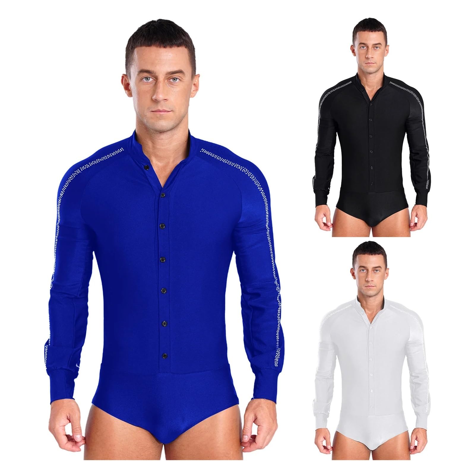 Maillot de Danza para Hombres Traje de competición de Ballet Latino for Hombre, Manga raglán, Cuello Alto, Botones y Brillantes Diamantes de imitación(Black,L)