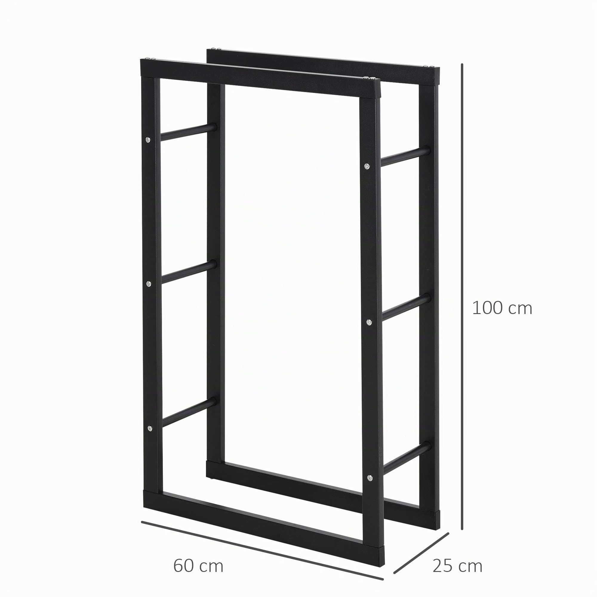 HOMCOM Kaminholzregal Metall Brennholzregal 60 x 25 x 100 cm Schwarz | Stapelhilfe, Stahlrahmen bis 100kg, Kaminholzunterstand Outdoor, Holzregal, Feuerholzregal für Garten Terrasse Außen