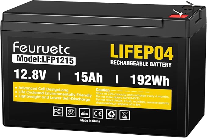 Amazon.com: Feuruetc Batería LiFePO4 de ciclo profundo de 12 V 15 Ah, más de 3000 ciclos, batería sin mantenimiento para buscador de peces, scooter, sistema de seguridad, sistema solar, UPS, etc. Fosfato de : Automotriz
