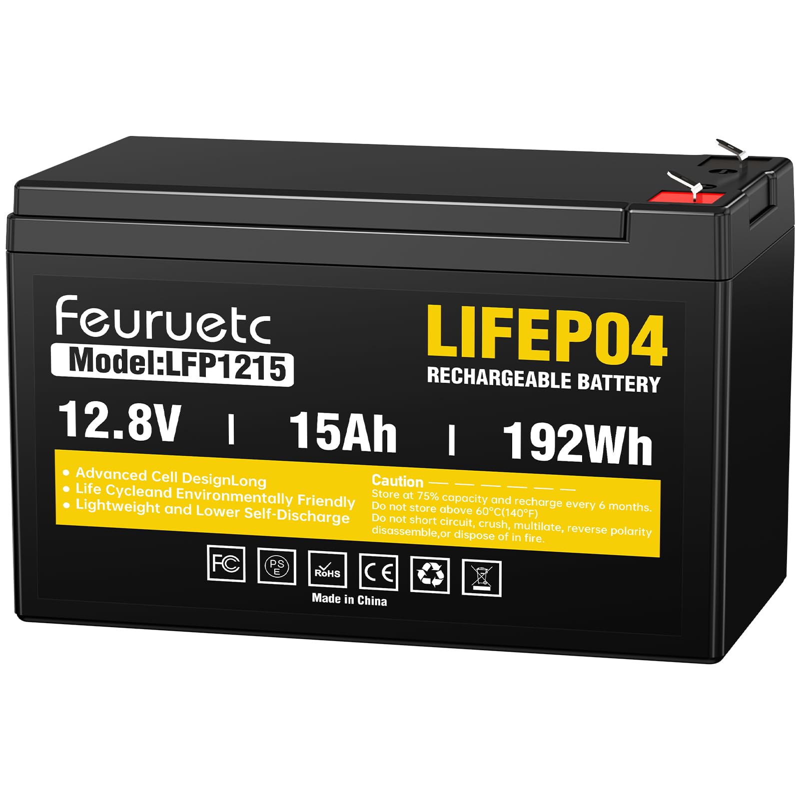 12V 15Ah Deep Cycle LiFePO4 Battery, 3000+ Cycles, Maintenance-Free Battery for Fish Finder, Scooter, Security System, Solar System, UPS etc Rechargeable Lithium Iron Phosphate