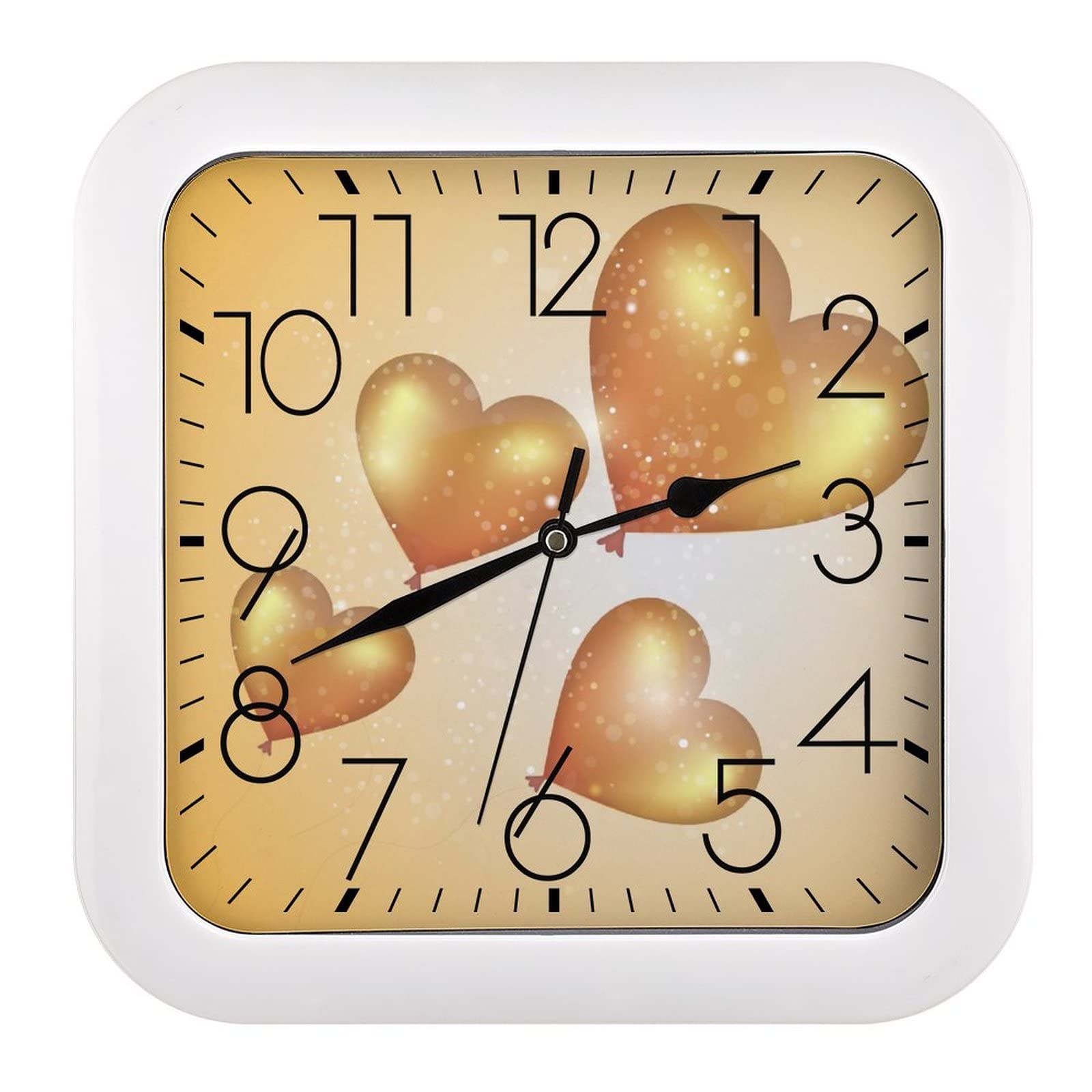 Grands chiffres lisibles sur cette horloge murale carrée Golden Balloons chic et fonctionnelle