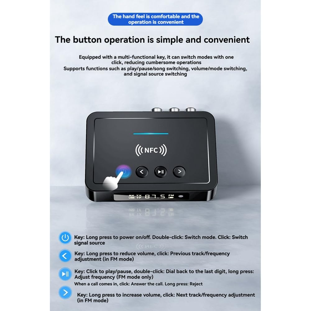 Ricevitore Trasmettitore Bluetooth 6.0 NFC FM Stereo Jack da 3,5 mm Adattatore Audio Wireless per TV, Altoparlante per Auto