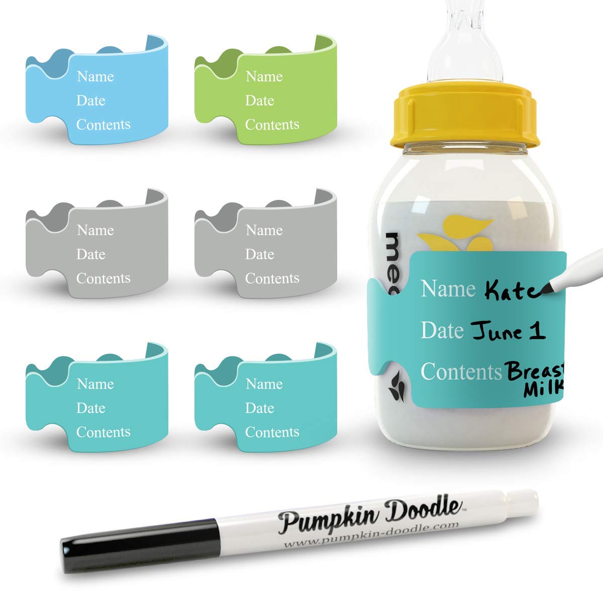 Pumpkin Doodle-The Original Write and Reuse Baby Bottle Labels for Daycare (Cool-Multi-Small) Compatible with Dr. Brown's 4oz Bottle……
