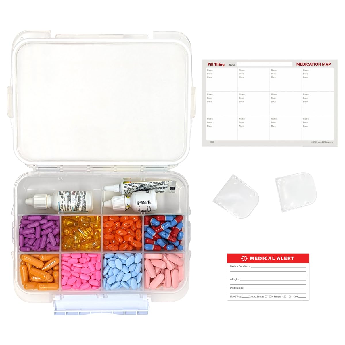 12 Compartment Large Pill Case with Airtight Seal - Silicone Gasket Waterproof Med Box with Medication Map (Clear, 1 Pack)