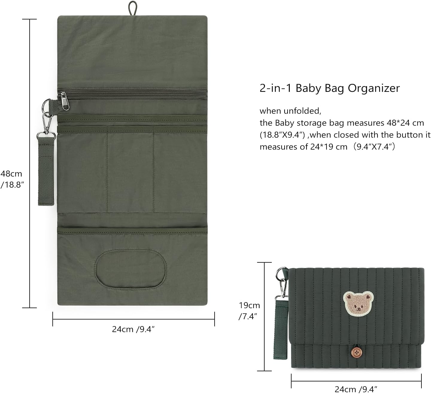 Baby Diaper Bag Organizer Pouches - Waterproof Pod Foldable Diaper Organizer Set, Cute Bear Bag Gift for Baby Shower (Green) image 4