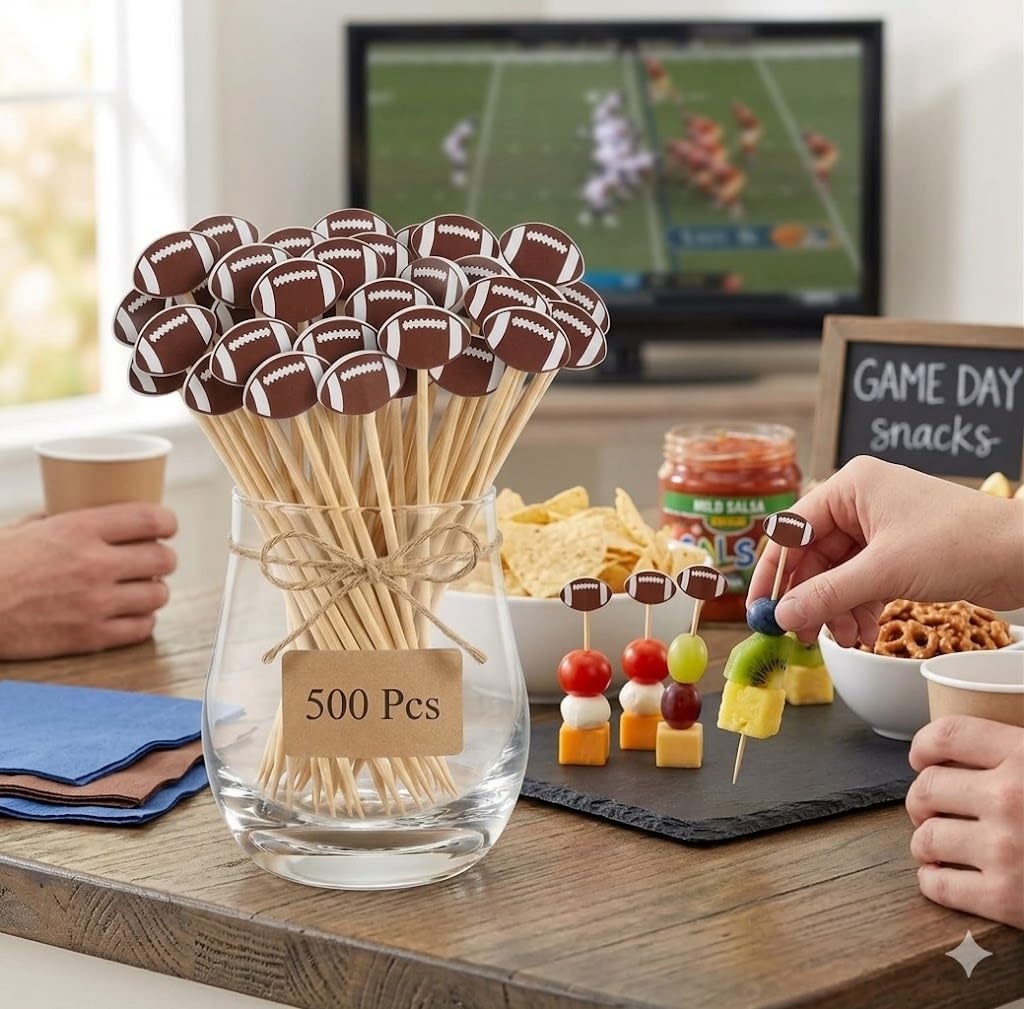 Football Cocktail Picks 500 Pcs, 4.7 Inch Brown Bamboo Appetizer Skewers
