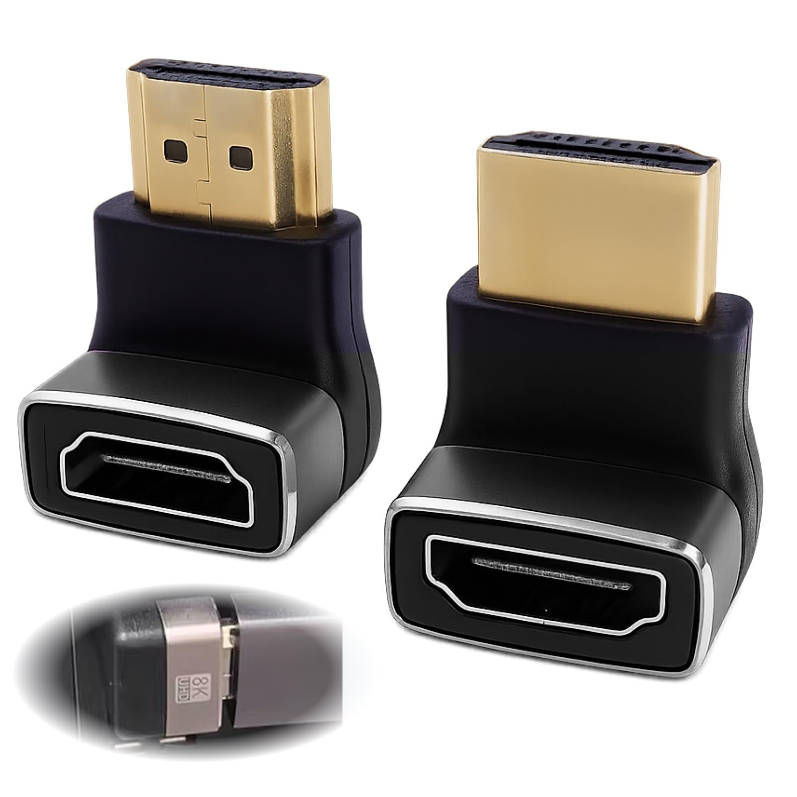 2 Pièces Adaptateur HDMI Coudé 8K, câble HDMI 2.1 et Rallonge HDMI Male Femelle, Coudé 90° et 270°, Connecteur Angle Droit Plaqué Or, Compatible TV, Moniteur, Laptop, Console, Prise HD MI Fiable