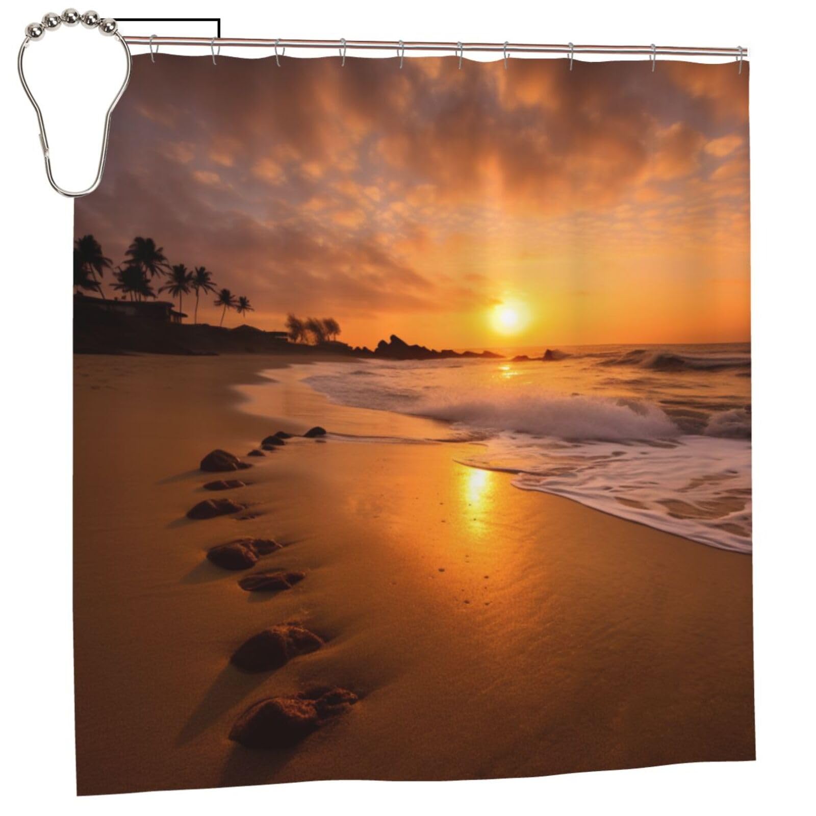 BWWHCCTI Beach Sunset Printed Shower Curtain With 12 Iron Hooks Opaque Quick Drying Waterproof Shower Curtains Sets For Bathroom 183x183 CM