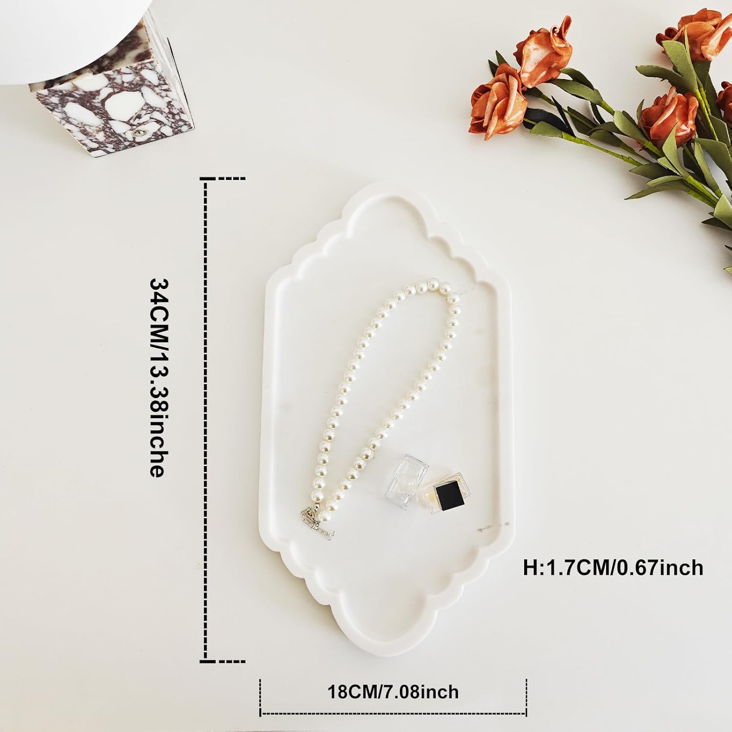 Decorative Marble Vanity Tray, 18CM x 34CM, White, Scalloped Rectangle (White)