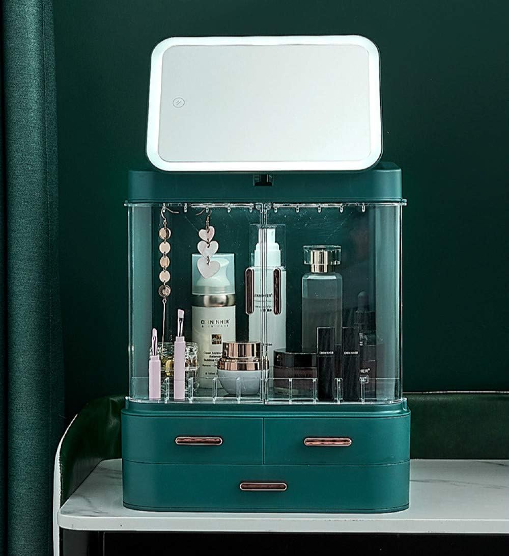 Led light makeup organiser storage,with mirror and light,with 3 Drawers,Women's large gift boxes(Green)