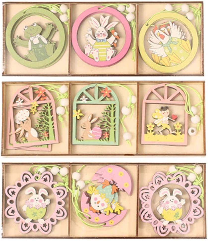 Happy Easter Decoration Wooden Eggs Pendant Hanging Ornament Home Door Wall Decor Kids Gift