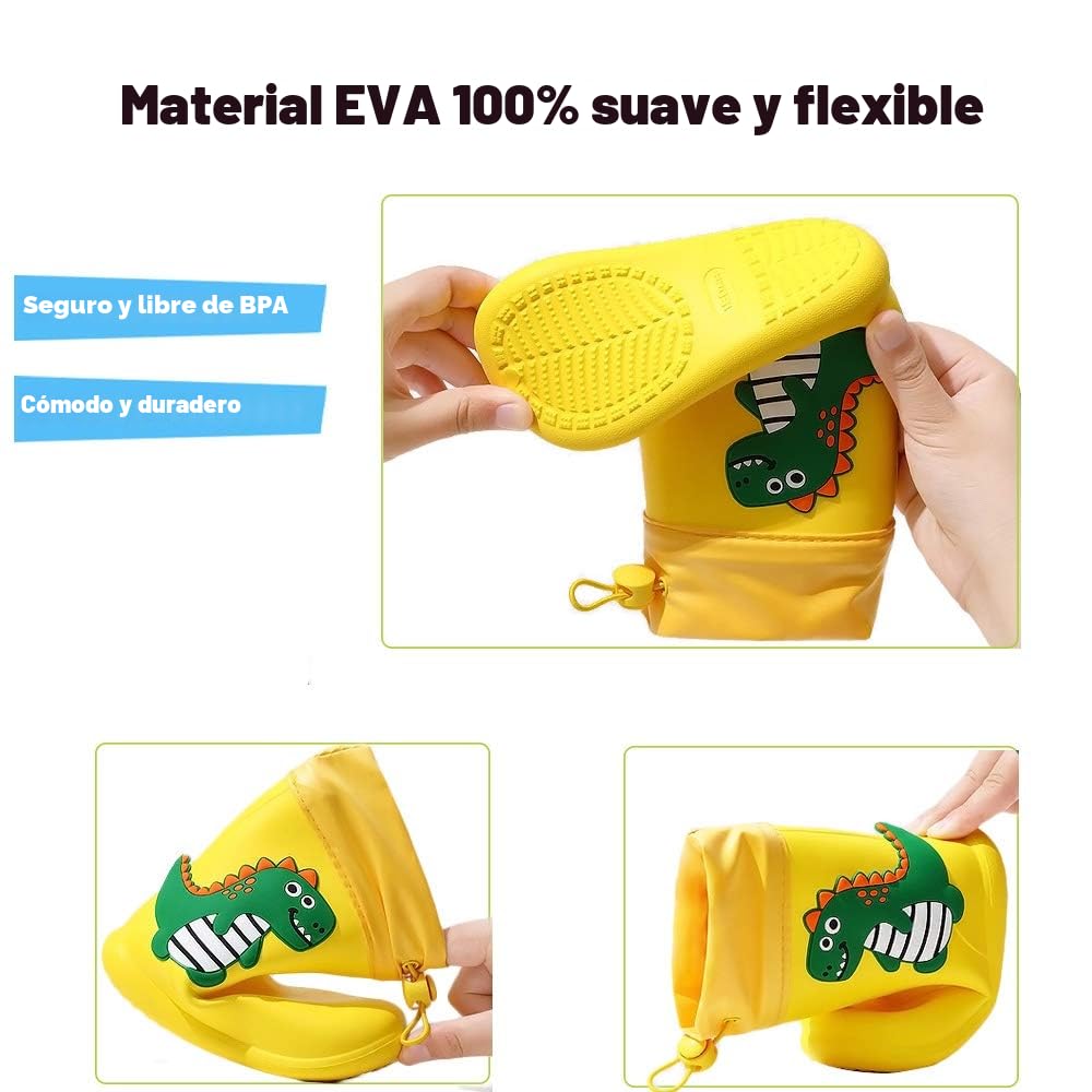 Botas de Agua para Niños y Niñas con Cordón Ajustable en el Cuello, Botas de Lluvia Caucho Goma de Dinosaurio Impermeable y Antideslizante