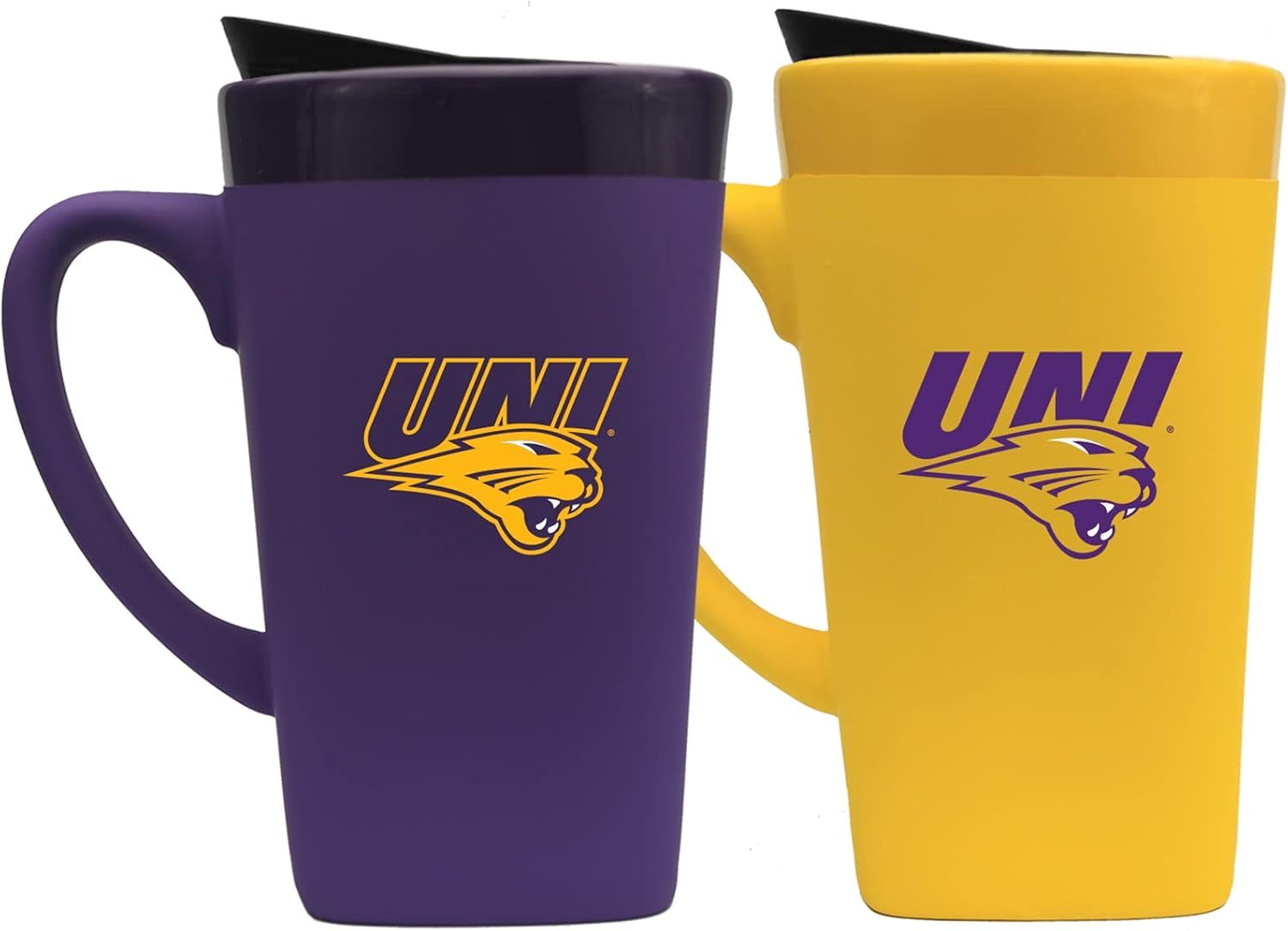 The Fanatic Group Northern Iowa Panthers Soft Touch Ceramic Mug with Lid Two-Piece Set, Design 1 - Purple & Sunglow