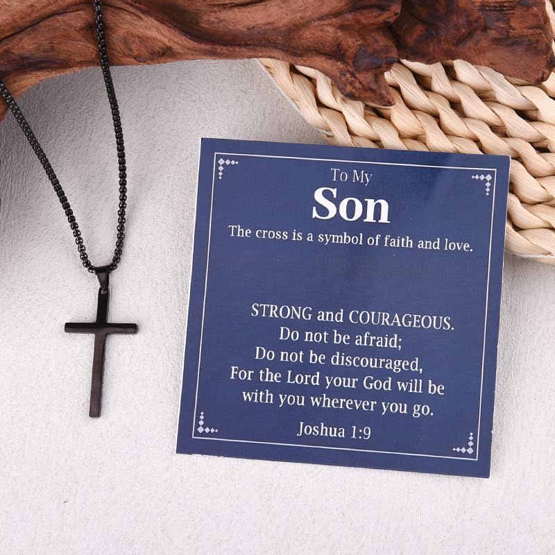 Mens Cross Necklace for Son Christian Birthday Christmas Gifts from Mom Dad Encouragement Encouraging Faith Religious Confirmation Gift to My Son Black Cross Pendant Bible Verse Gifts - Image 6