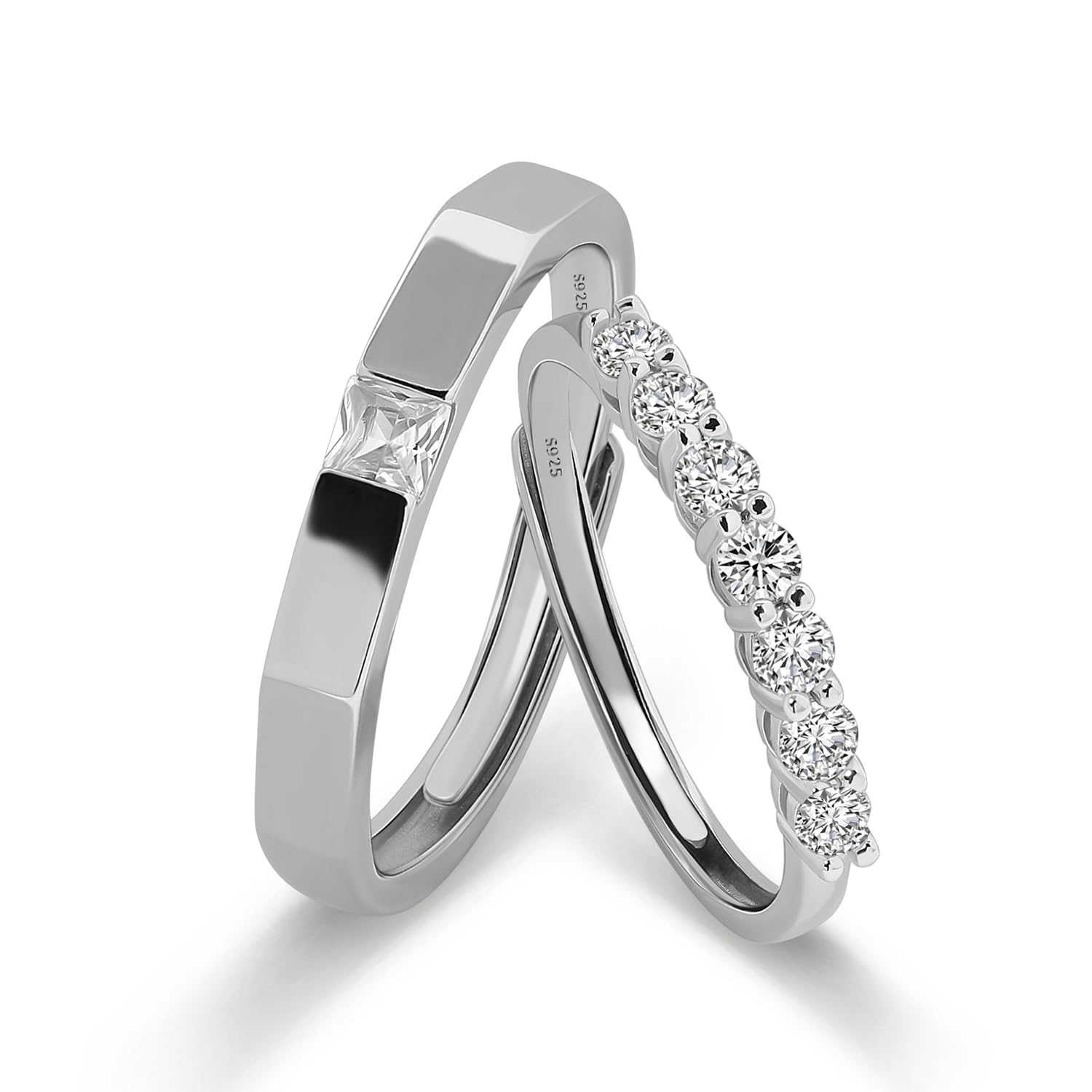Meissa Anillos de Compromiso Boda para Parejas en Plata de Ley 925, Anillos de Promesa Ajustables en Plata Esterlina, Anillo de Banda para Mujeres Hombres, Juego de Dos