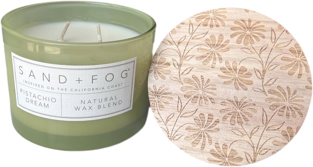 Sand&Fog Scented Candles 12 OZ Fragranced Candle, Natural Wax Blend with Carved Wood Lids, Home Fragrances Made with Essential Oil, Home Scented Candles Scent: Pistachio Dream (Pack of 2)