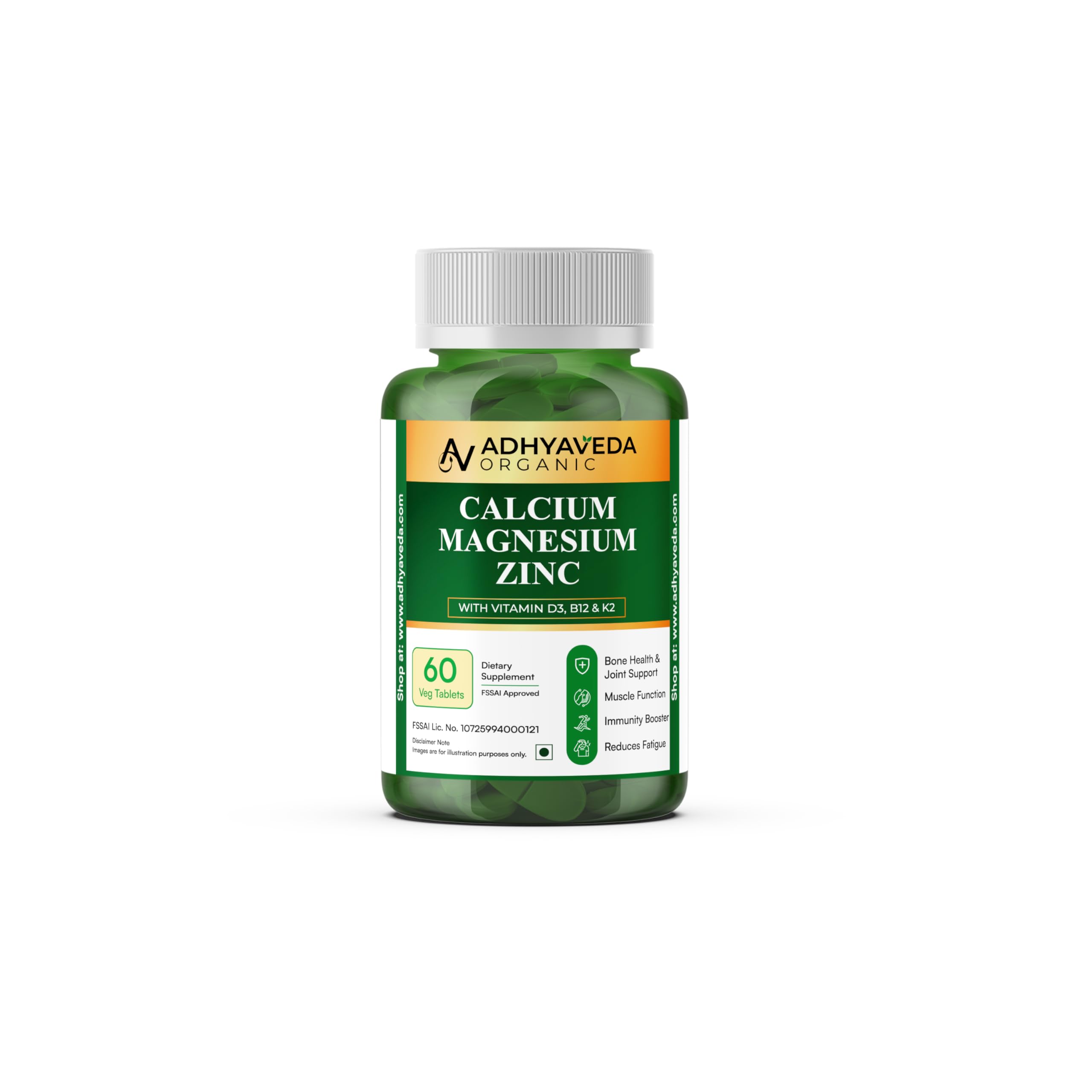 Adhyaveda Organic Calcium, Magnesium, Zinc with Vitamin D3 & B12 | 1000mg Plant-Based Formula | 60 Veg Tablets | Bone Strength, Muscle Recovery & Immunity Booster | For Men & Women