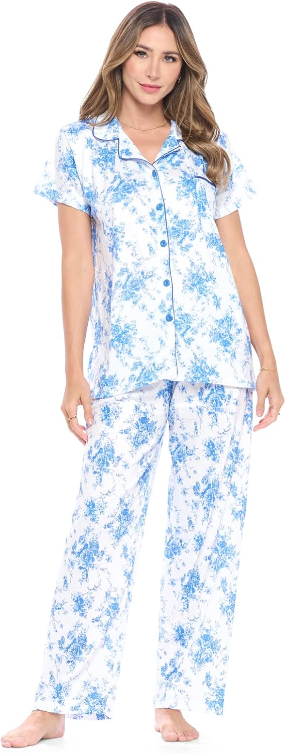 Casual Nights Women's Short Sleeve Long Pants Pajamas Set Floral Sleepwear & Loungewear Button Down Shirt PJ Set