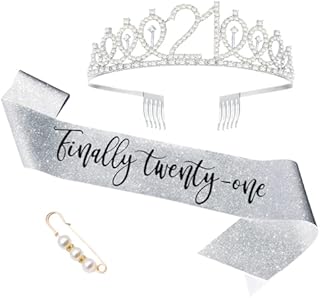 21st Birthday Sash and Tiara, Finally 21 Birthday Rhinestone Tiara Set for Girls Party Supplies, Birthday Tiara Crowns for Women Girls Gift (Silver)