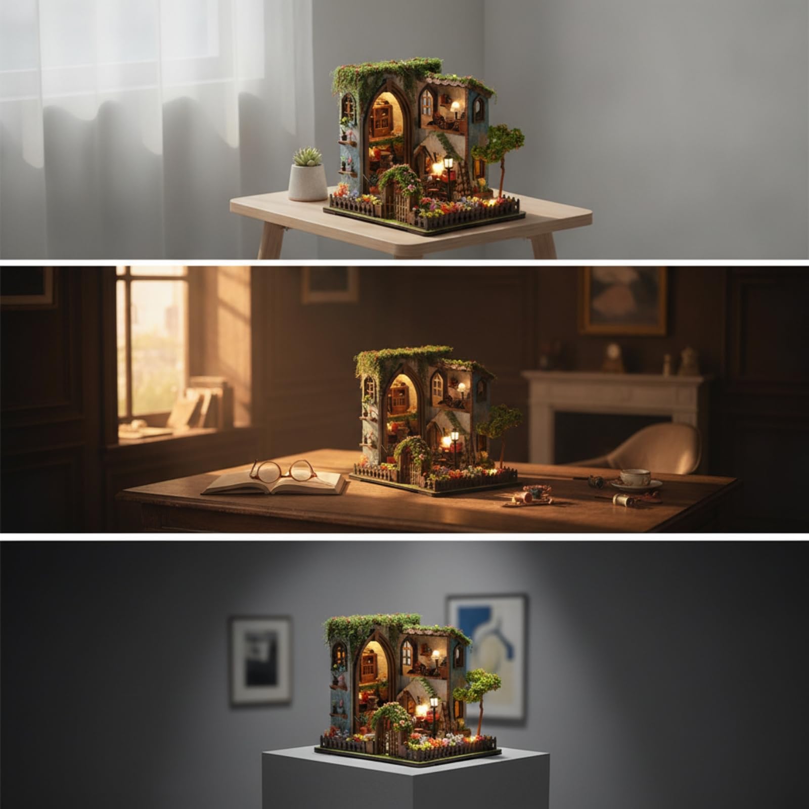 Casa in Miniatura Kit Fai da Te Modello Edificio Diorama Architettonico Scena Artistica con Arredi Miniature Fiori E Vegetazione Base Recintata E