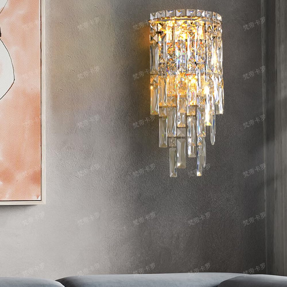 Aplique de pared de cristal cromado para chimenea Lámparas de pared de cristal modernas Iluminación de pared de pasillo de lujo interior Lámpara montada en la pared del dormitorio para sala de