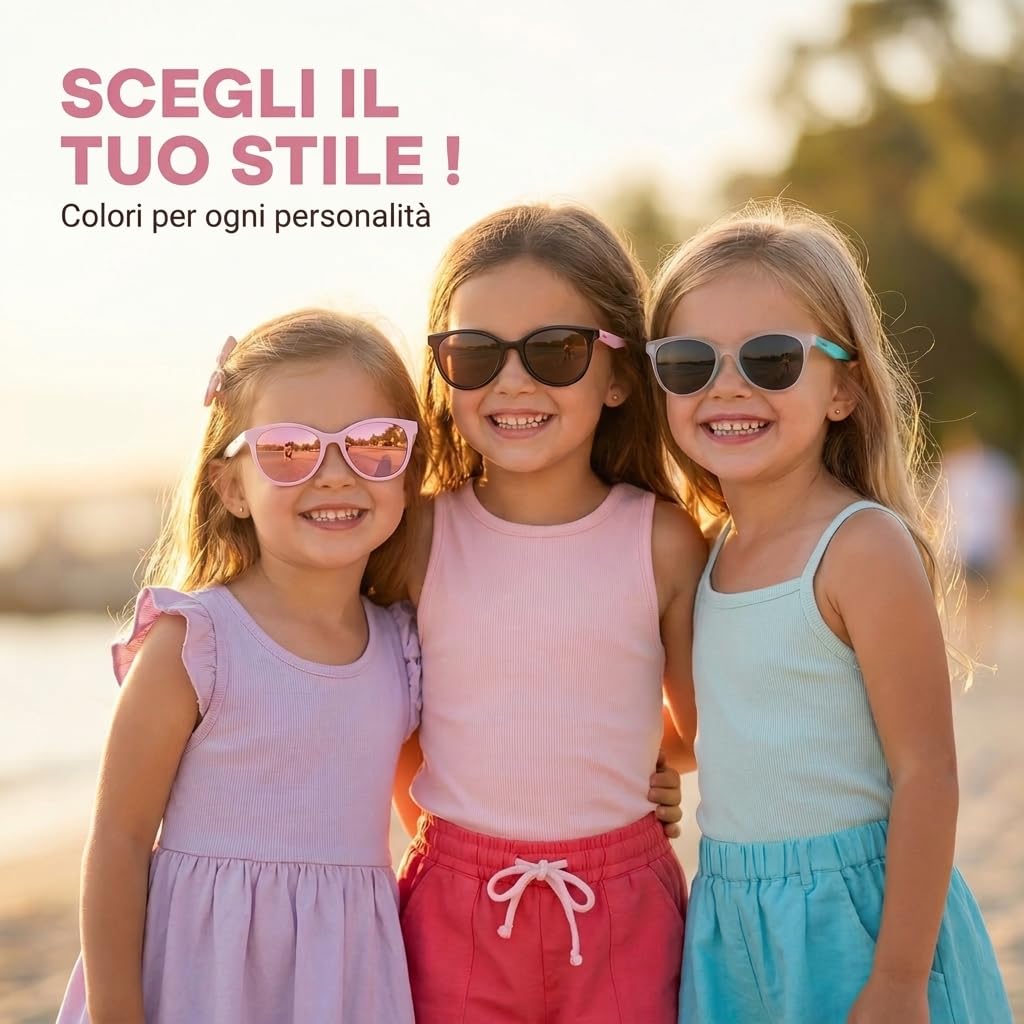 Kiddus Occhiali da Sole Bambina 4-8 Anni, Polarizzati UV400 CAT3, Montatura TR90 Flessibile, Aste in TPE, Ponte in Silicone, Certificazione CE ISO REACH