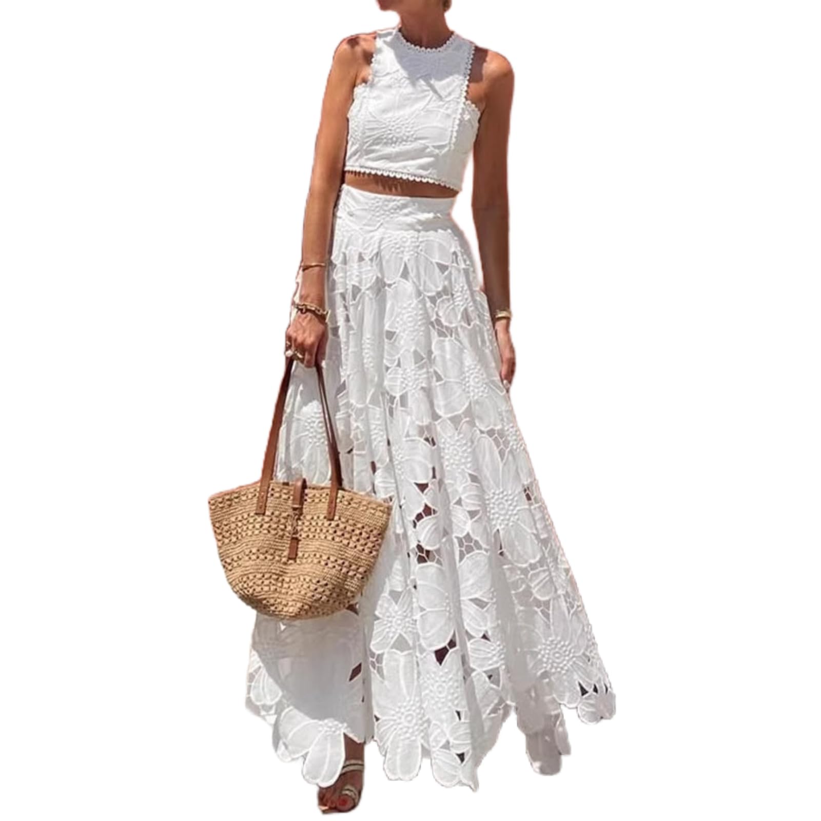 Womens Lace Maxi Skirt Outfits Sleeveless Crop Vest Top Sexy Hollow Out Maxi Skirt Beach Vacation Sets