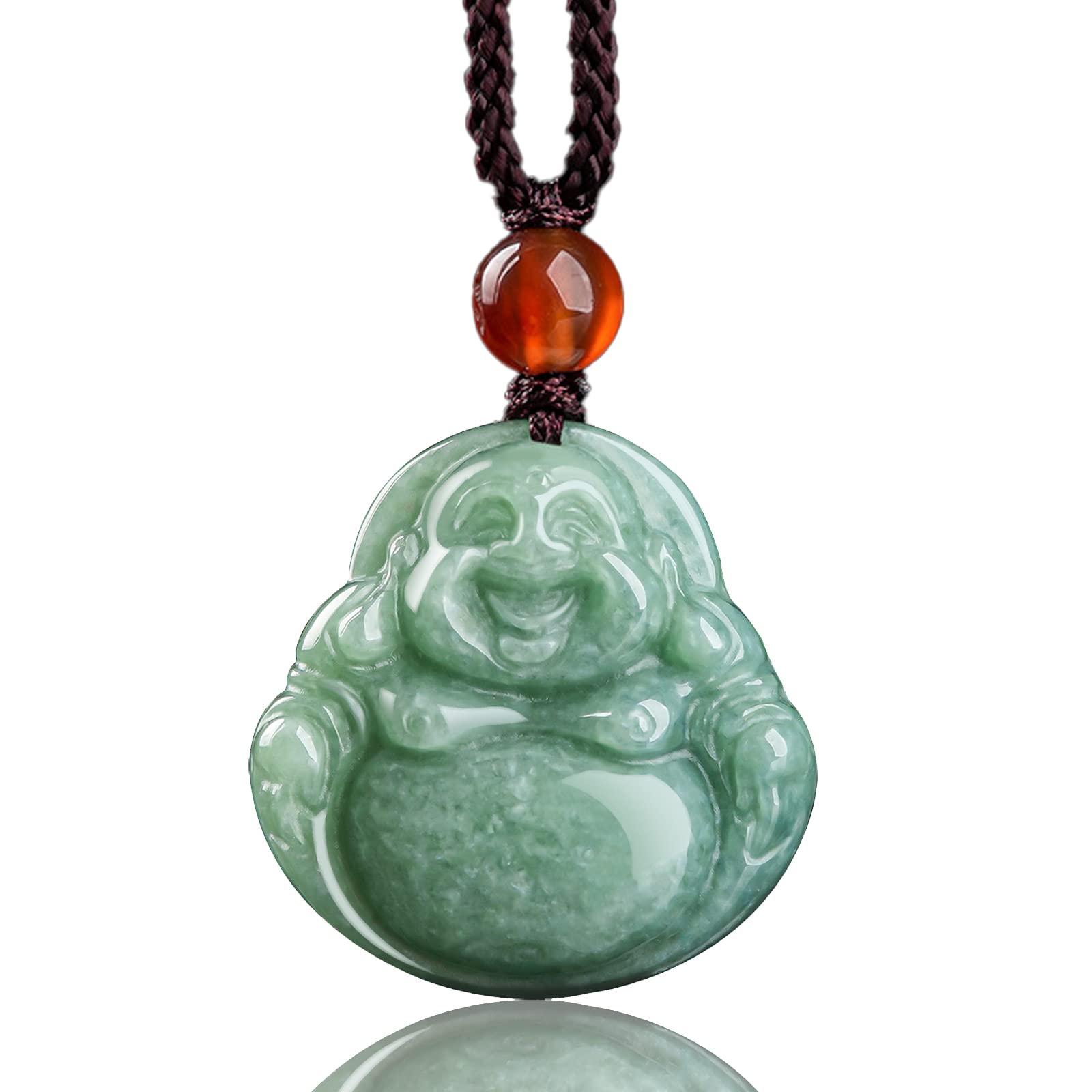 YIGEDAN Jade Laughing Buddha Pendant Necklace - Chalcedony Gemstone With Beaded Chain - View #5