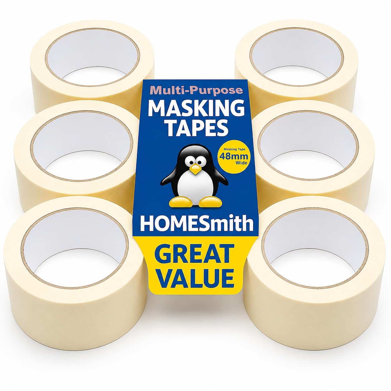 HOMESmith Masking Tape 48mm x 25m – 3 Rolls, Strong Adhesive, Easy Tear, Multipurpose Painter’s & Decorating Tape for Home, Office & DIY
