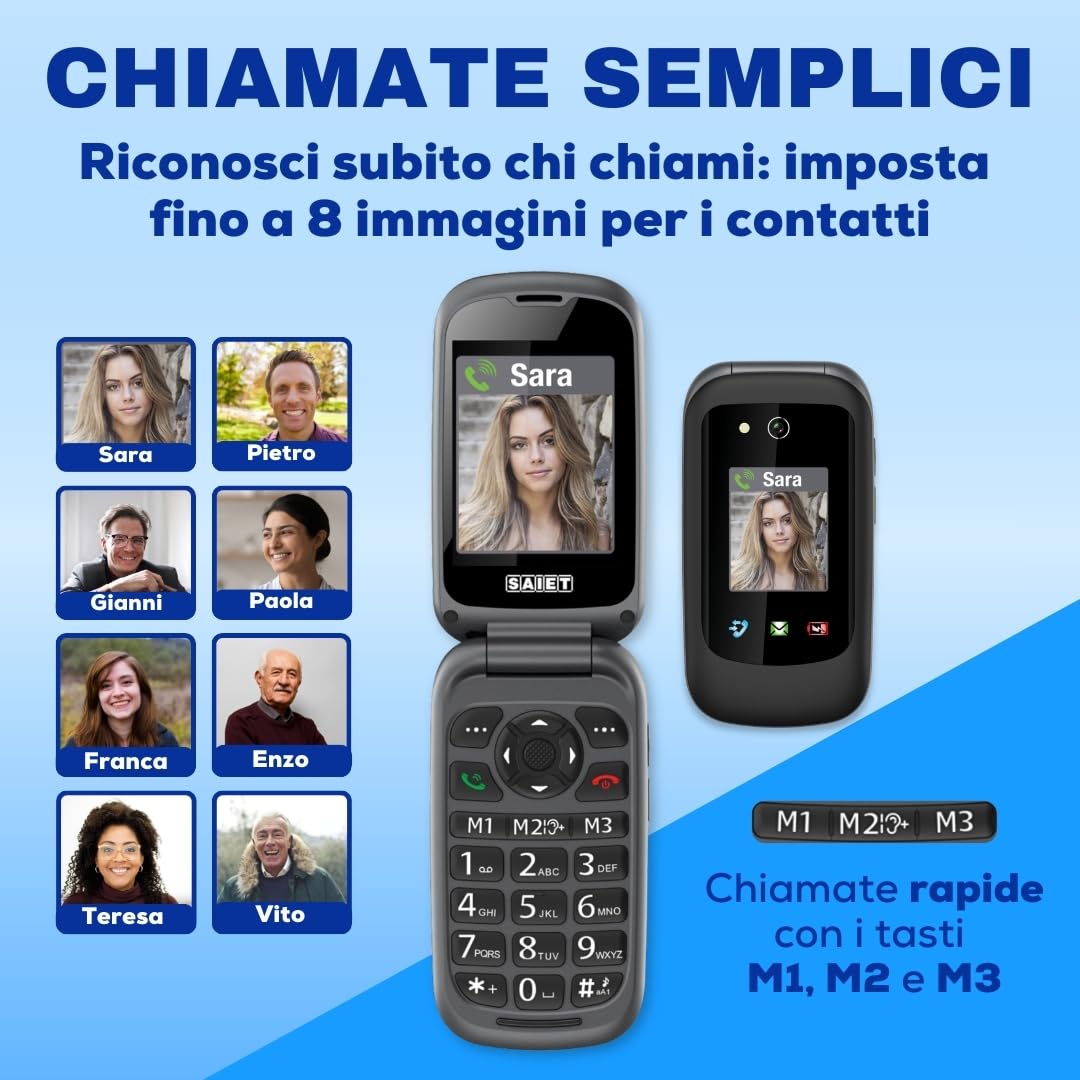 SAIET Prime GPS Cellulare per Anziani 4G con Tasto SOS, Localizzazione GPS | Telefono con Doppio Display e Audio Potenziato, Base di Ricarica e Torcia LED, Facile da Usare, Sicuro e Affidabile - Nero