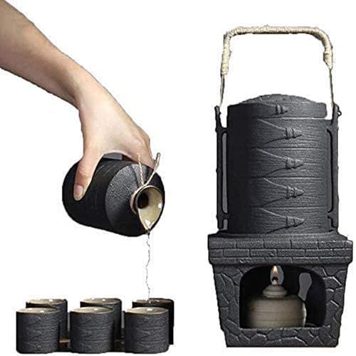 Juego de sake japonés de 9 piezas, juego de sake japonés de cerámica negra con olla calentadora y estufa de calefacción, para fríocalienteshochuté