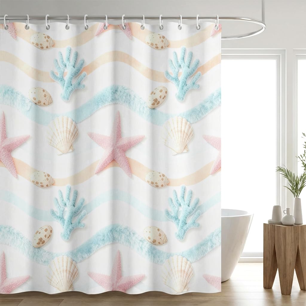 ZAFYYGH Textured Coastal Wave Shower Curtain, 72x72 Inch Pink Starfish Blue Fuzzy Coral Fabric, Playful Modern Beach Decor