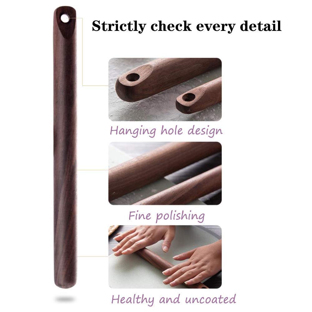 Rodillo de madera Rodillo para masa Rodillo grande de madera maciza de nogal con gancho, ideal for hornear gomitas, galletas y fideos, 28,5 cm de longitud