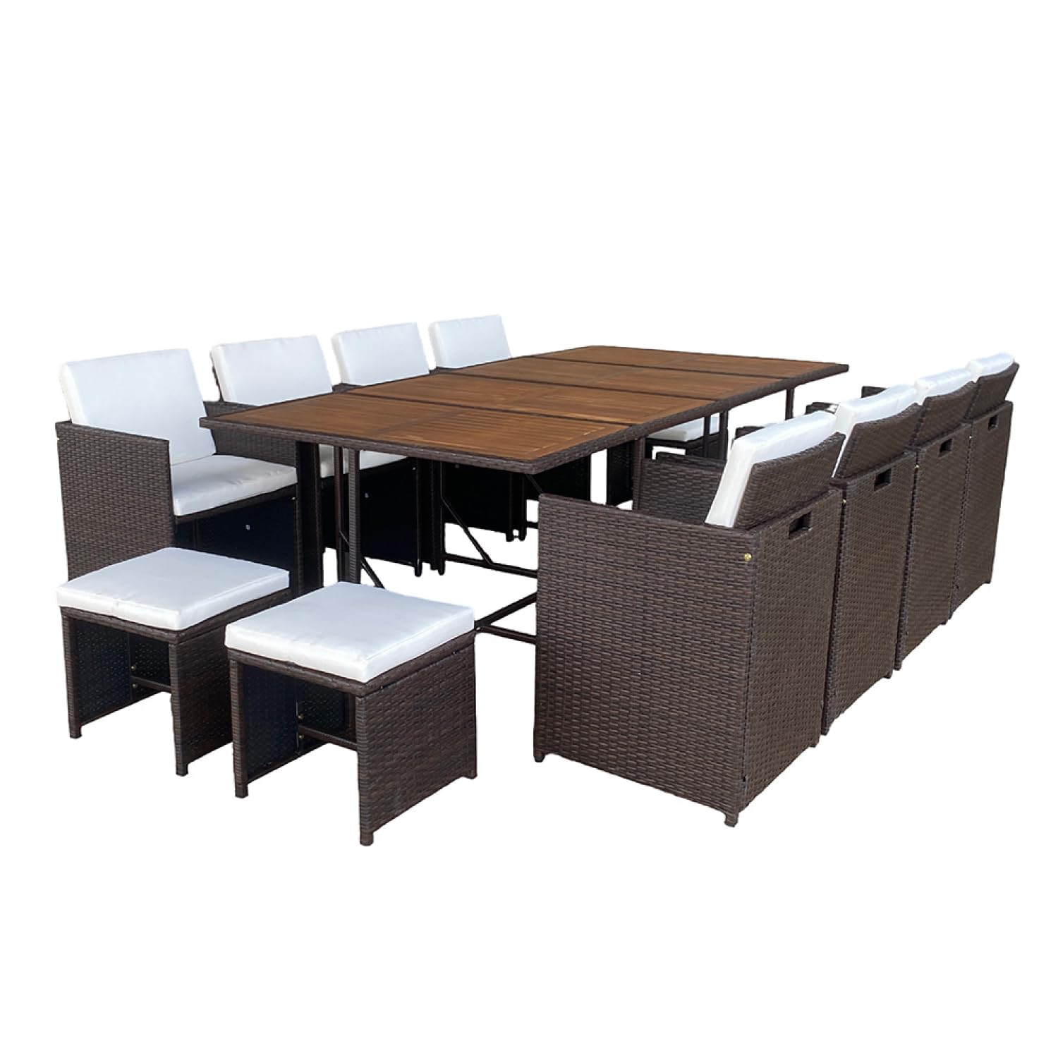 CONCEPTO FÁBRICA | Salón de jardín Empotrable Toledo 12 plazas Resina Trenzada Marrón | Mesa de comedor exterior con 8 Sillones y 4 Pufs | Bandeja Acacia | Cojines Beige Desenfundables | Funda