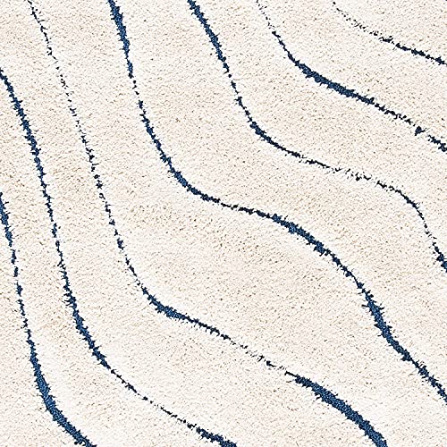 Image of Abstract Wavy Design Square Shaggy Carpet for Living Room, Bedroom, High Low Design Finish Microfiber 1.8 Inch Pile High, 8x8 Feet Ivory|Light Blue Color