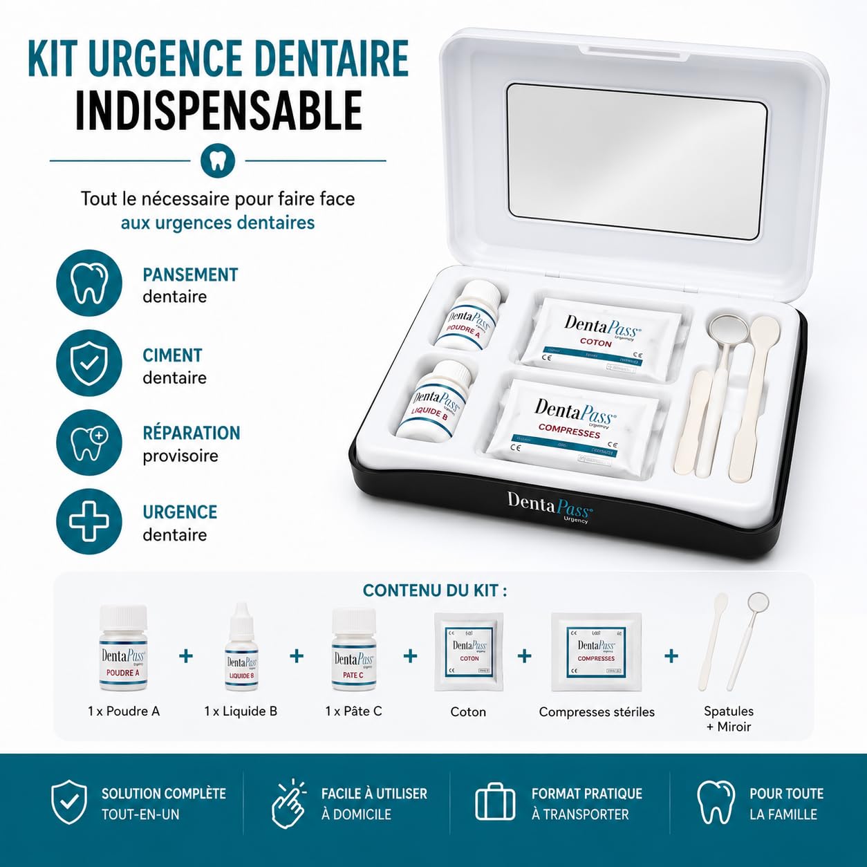 Kit Urgence Dentaire Indispensable – Pansement Dentaire & Ciment Dentaire – Soulage les Douleurs Dentaires – Réparation Dentaire Provisoire – Certifié CE – Entreprise Française (Français)