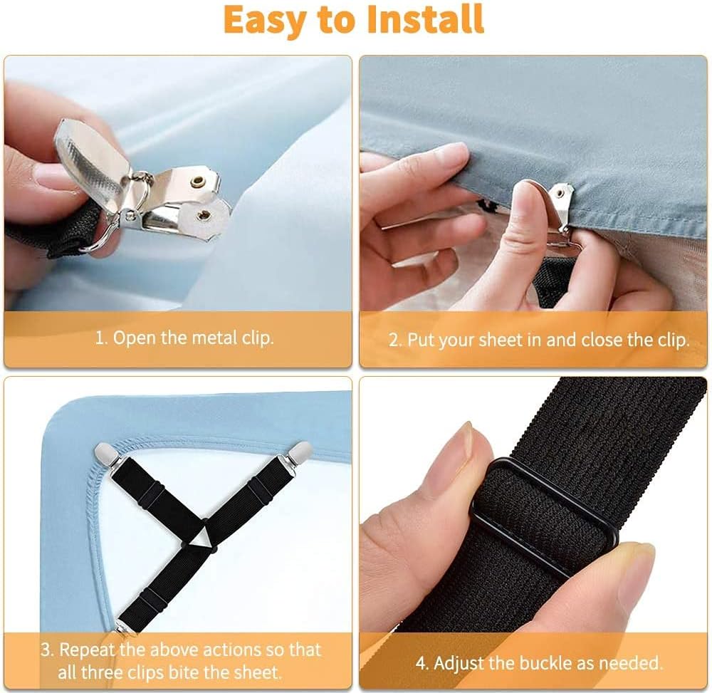 Struqta Bed Sheet Fastener, 4 Pcs Adjustable Triangle Elastic Bed Sheet Holder Straps with Heavy Duty Grippers Clips for Bed Sheets, Mattress Covers, Sofa Cushion (14cm, Black) : Home & Kitchen
