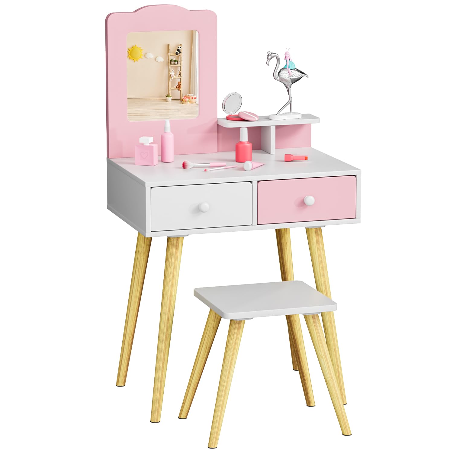 MAMIZO Schminktisch Kinder Set, Kinderschminktisch Holz mit Abnehmbarem Spiegel und 2 Schubladen, Schreibtisch mit Hocker, Prinzessin Frisiertisch ab 3 Jahre, 60x40x108 cm, Rosa