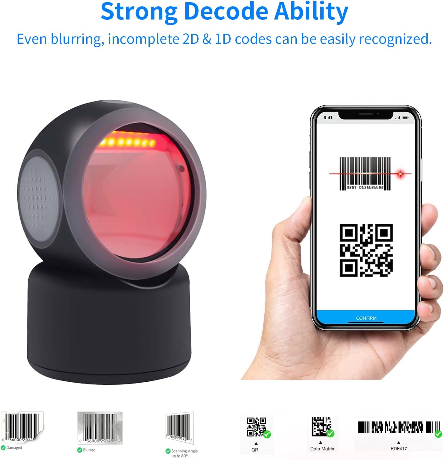 Alacrity 2D 1D QR Desktop Barcode Scanner, Omnidirectional Hands Free USB Wired Barcode Reader, Capture Codes on Screen, 3300DW, Black