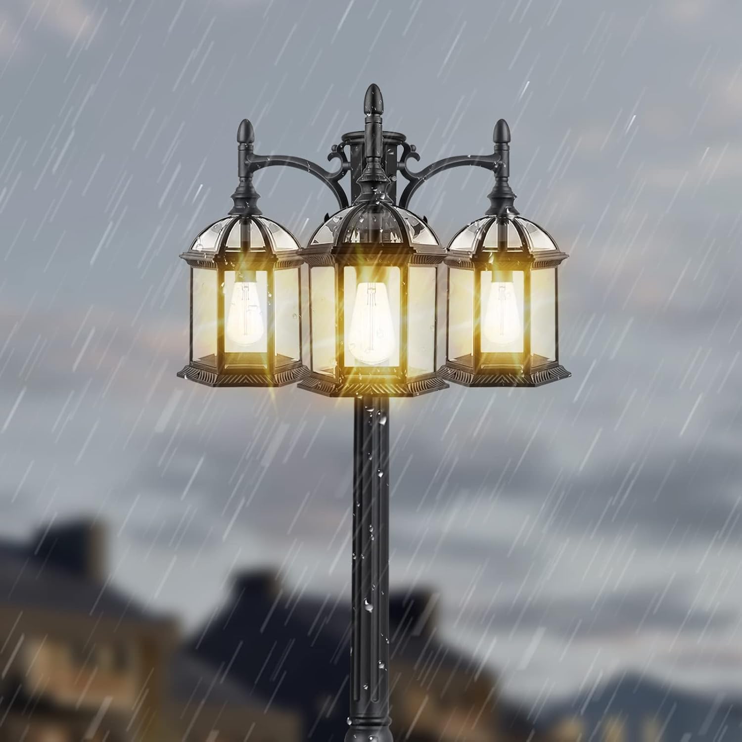 Lamp post standing in the rain, demonstrating its waterproof design.