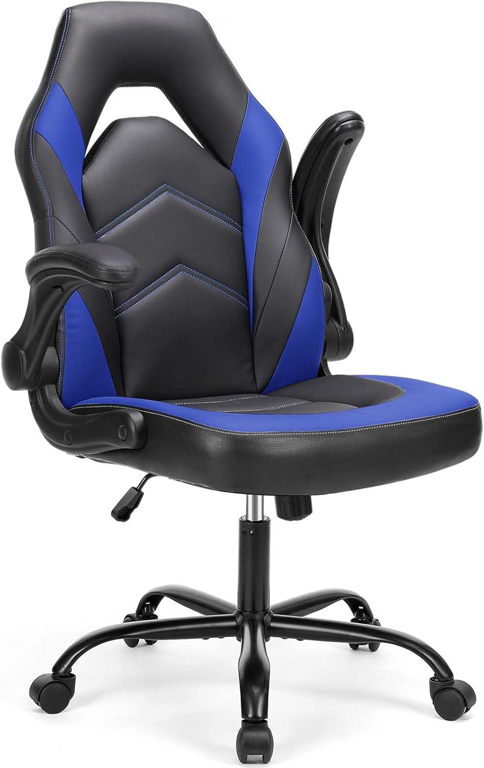 DUMOS Gaming Ergonomic Office Chair for Adults, Height Adjustable Computer Desk Chair with Flip-up Armrests, PU Leather Swivel Video Game Chair with 360° Rolling Wheels, Blue