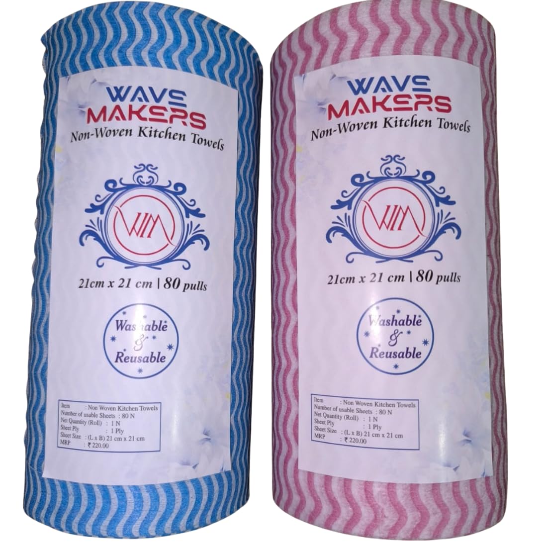 Wave Makers Non-Woven Reusable & Washable Kitchen Towel Wipes - 2 Rolls (80 Wipes Per Roll, Total 160 Sheets) 4