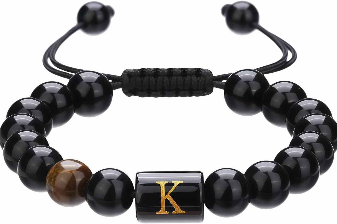 Black Initial Bracelet for Men Adjustable 16-26 CM Mens Beaded Bracelets Tigers Eye Jewelry 1 Pcs