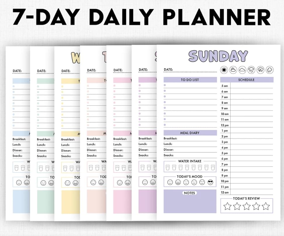 Image of Daily Planner Notepad Undated A5 Spiral | 7 Pastel Colours Hourly To-Do Meal Mood Tracker | 100 GSM Aesthetic Diary for Girls Women Students