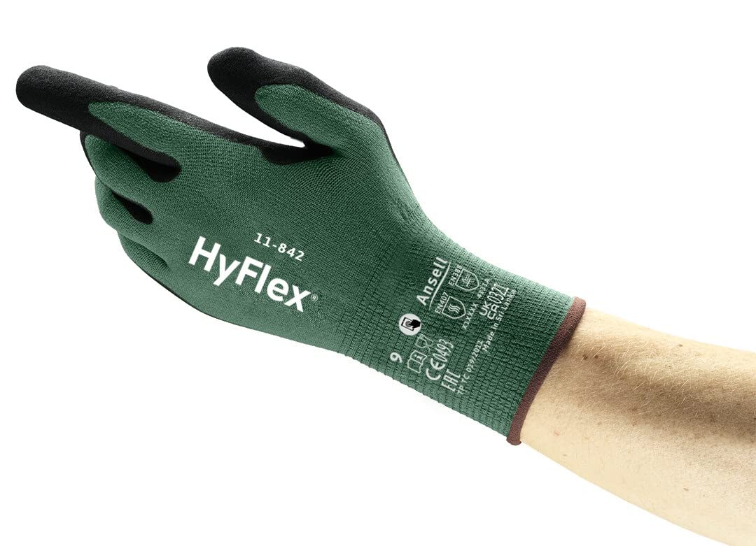 Ansell HyFlex 11-842 Professional Work Gloves, Abrasion Resistant Nitrile Coating, Multipurpose Protection Gloves