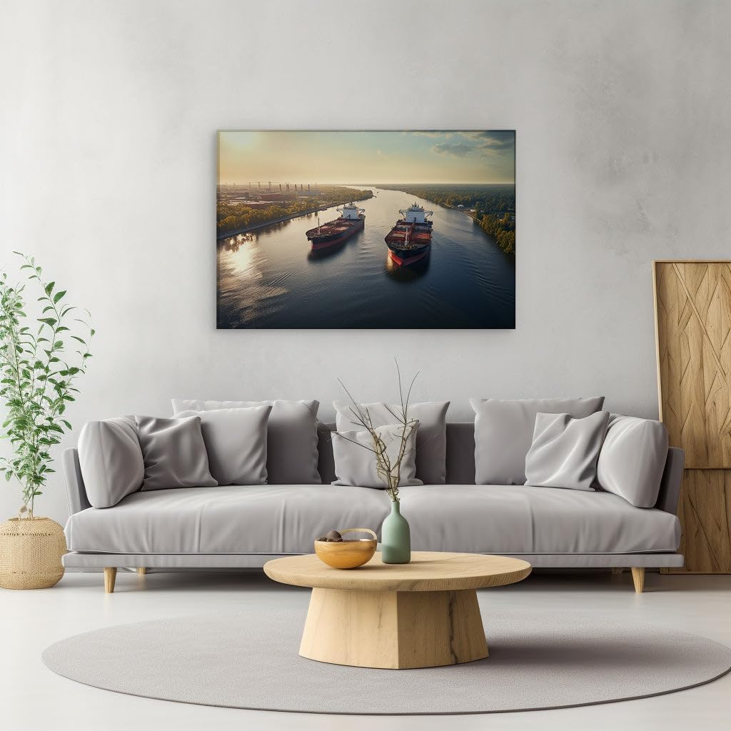 Canvas for Living room. Sailing Into Sunset: Harmony Between Man-Made Giants and Nature's Serenity, 27 x 18 inch Canvas Wall Art - Contemporary Masterpieces - Modern Home Decor