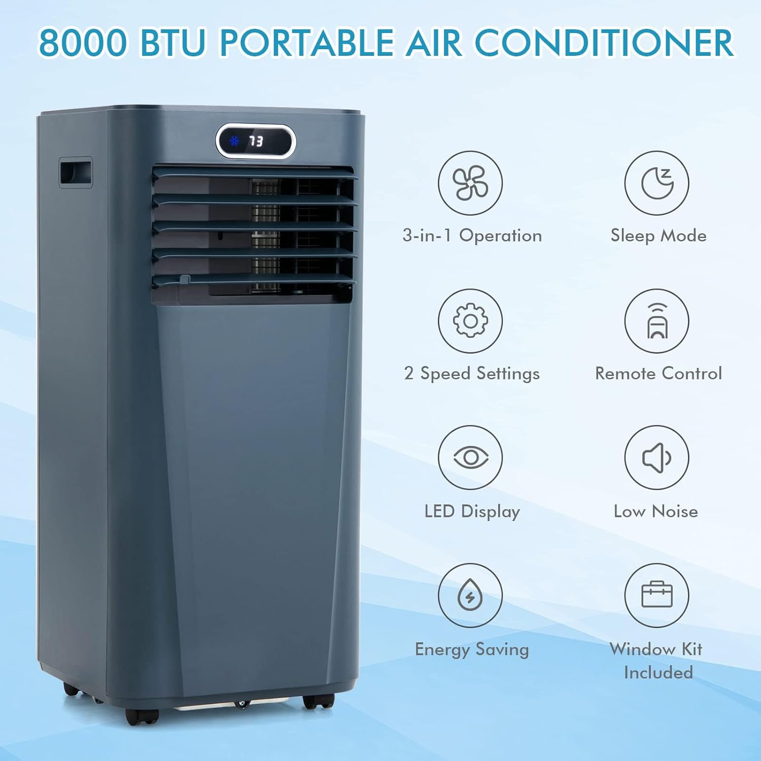 Key features of the 8000 BTU portable air conditioner: 3-in-1 operation, sleep mode, 2 speed settings, remote control, LED display, low noise, energy saving, and included window kit.