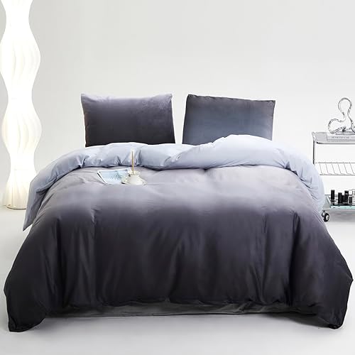 KAREVER Juego de edredón de terciopelo gris y blanco, tamaño Queen, edredón moderno de color blanco liso y gris oscuro, edredón suave de franela de