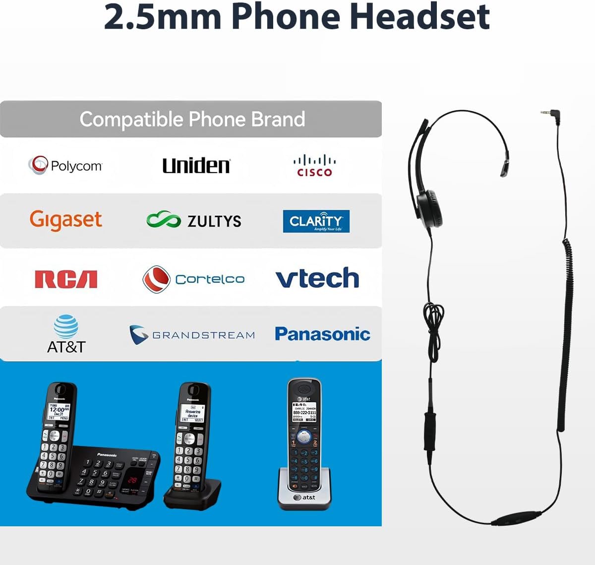 2.5mm Telephone Headset with Noise Cancelling Microphone, Office Headset Compatible with AT&T, Panasonic, Uniden, Cisco SPA, Grandstream Phones